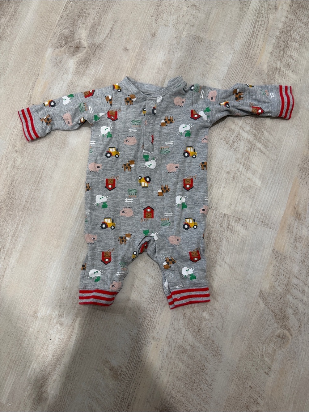 Little Wonders Grey Farm Print One-Piece with Red Trim